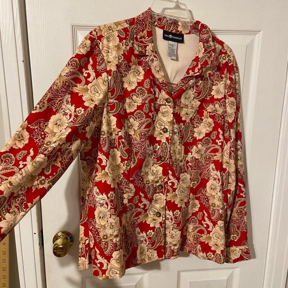 Sag Harbor Red Floral Button-Front Blouse Sz 14